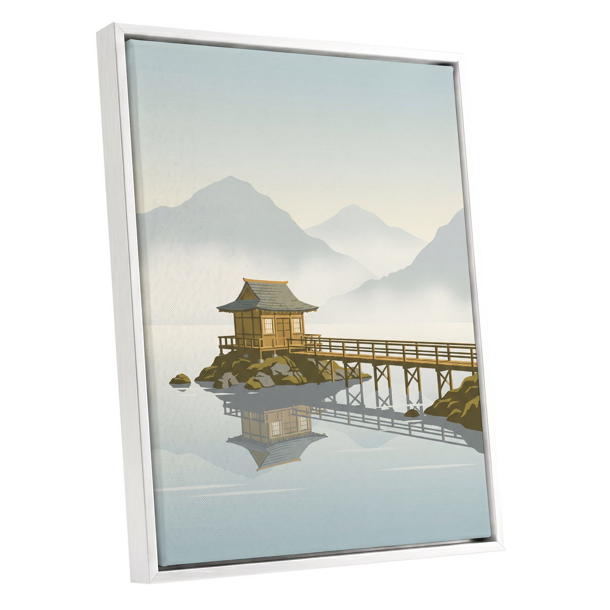 Stillwater Pavilion, blue, gray, beige nature wall art shown as a white framed canvas wall art