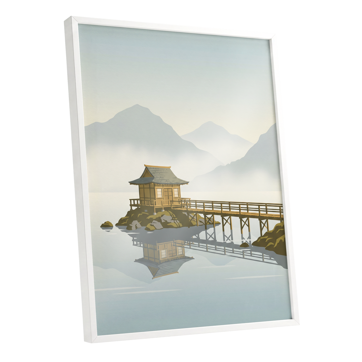 Stillwater Pavilion, blue, gray, beige nature wall art shown as a white framed poster wall art print