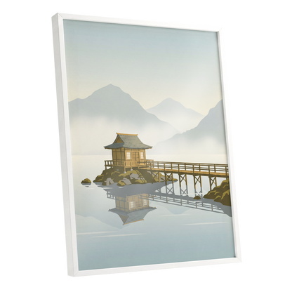 Stillwater Pavilion, blue, gray, beige nature wall art shown as a white framed poster wall art print