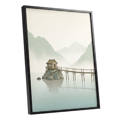 Stillwater Retreat, green, beige, brown nature wall art shown as a black framed poster wall art print