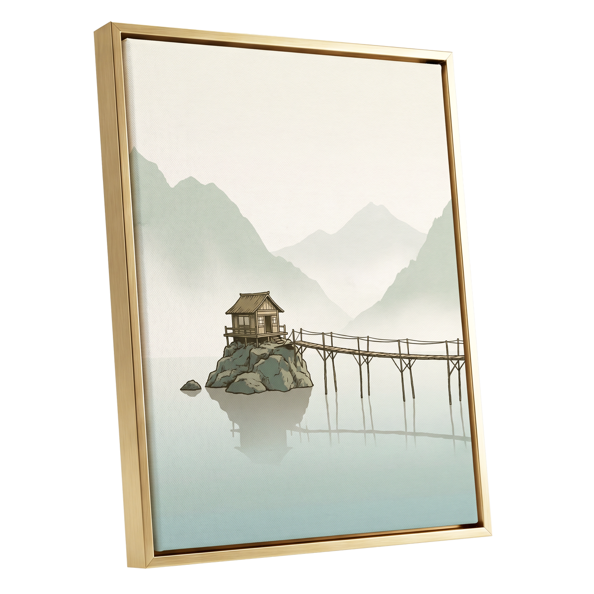 Stillwater Retreat, green, beige, brown nature wall art shown as a gold framed canvas wall art