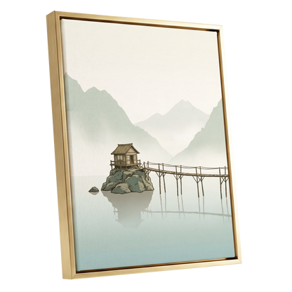 Stillwater Retreat, green, beige, brown nature wall art shown as a gold framed canvas wall art