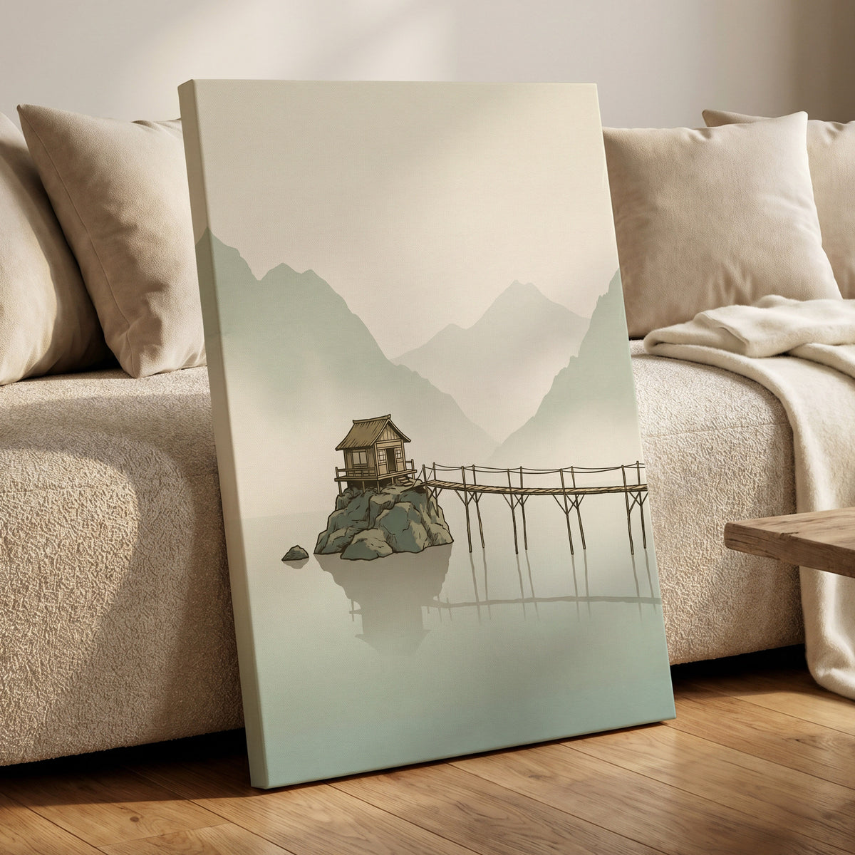 Stillwater Retreat, green, beige, brown nature wall art displayed in a styled interior, gallery view 3