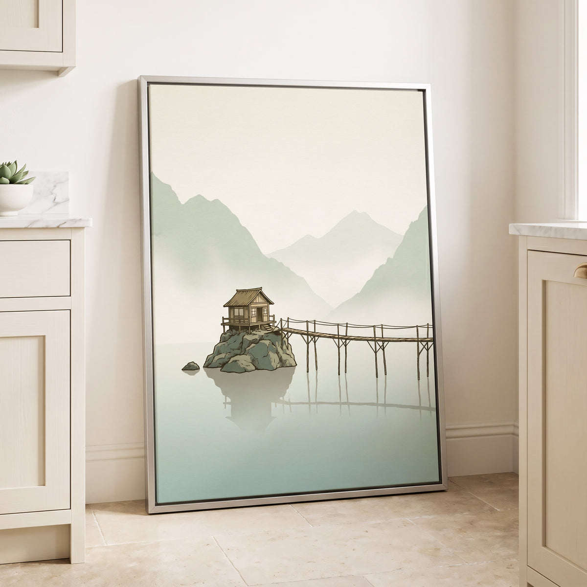 Stillwater Retreat, green, beige, brown nature wall art displayed in a styled interior, gallery view 4