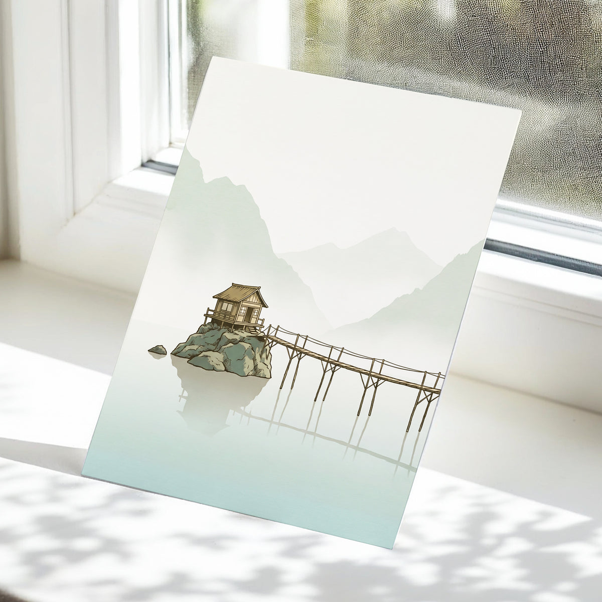 Stillwater Retreat, green, beige, brown nature wall art displayed in a styled interior, gallery view 5