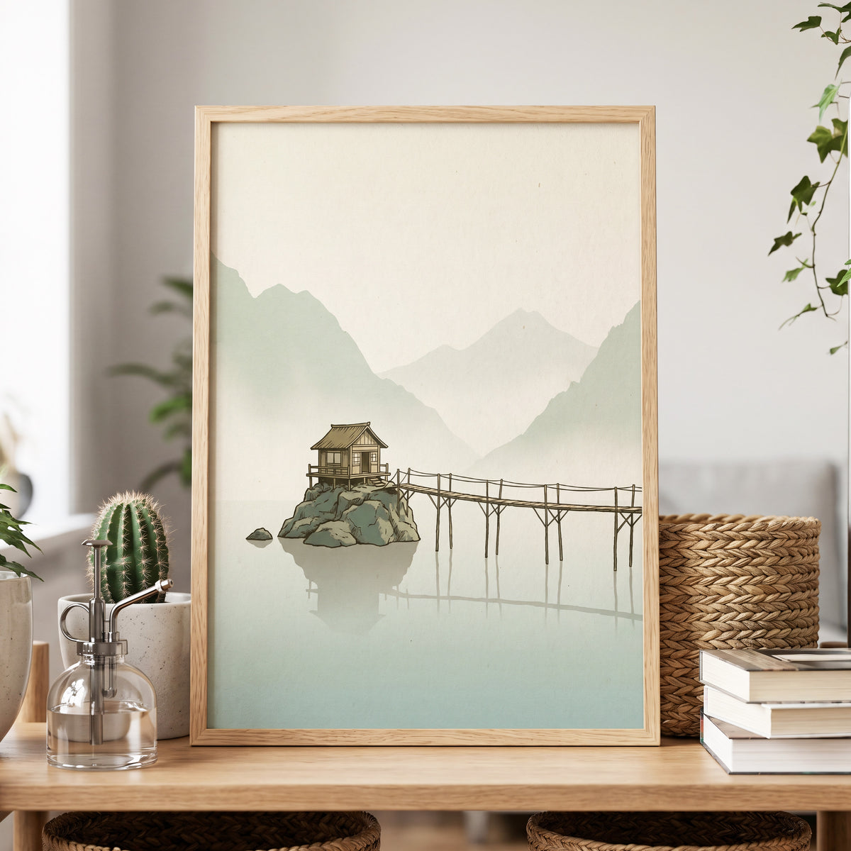 Stillwater Retreat, green, beige, brown nature wall art displayed in a styled interior, gallery view 9