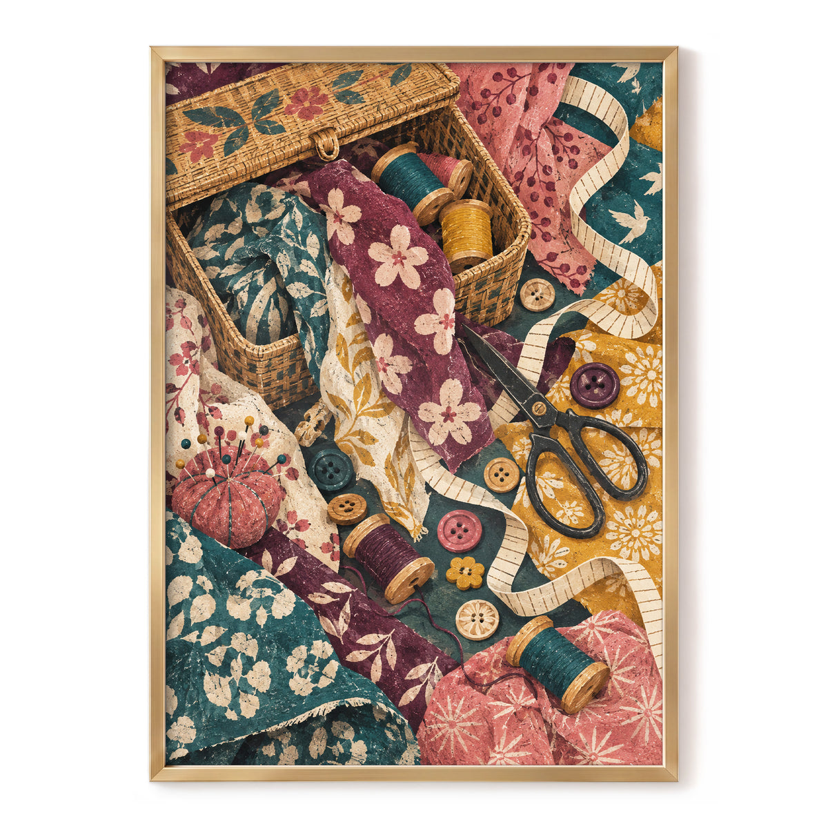 Stitches in Bloom, green, beige, pink abstract wall art, front artwork view