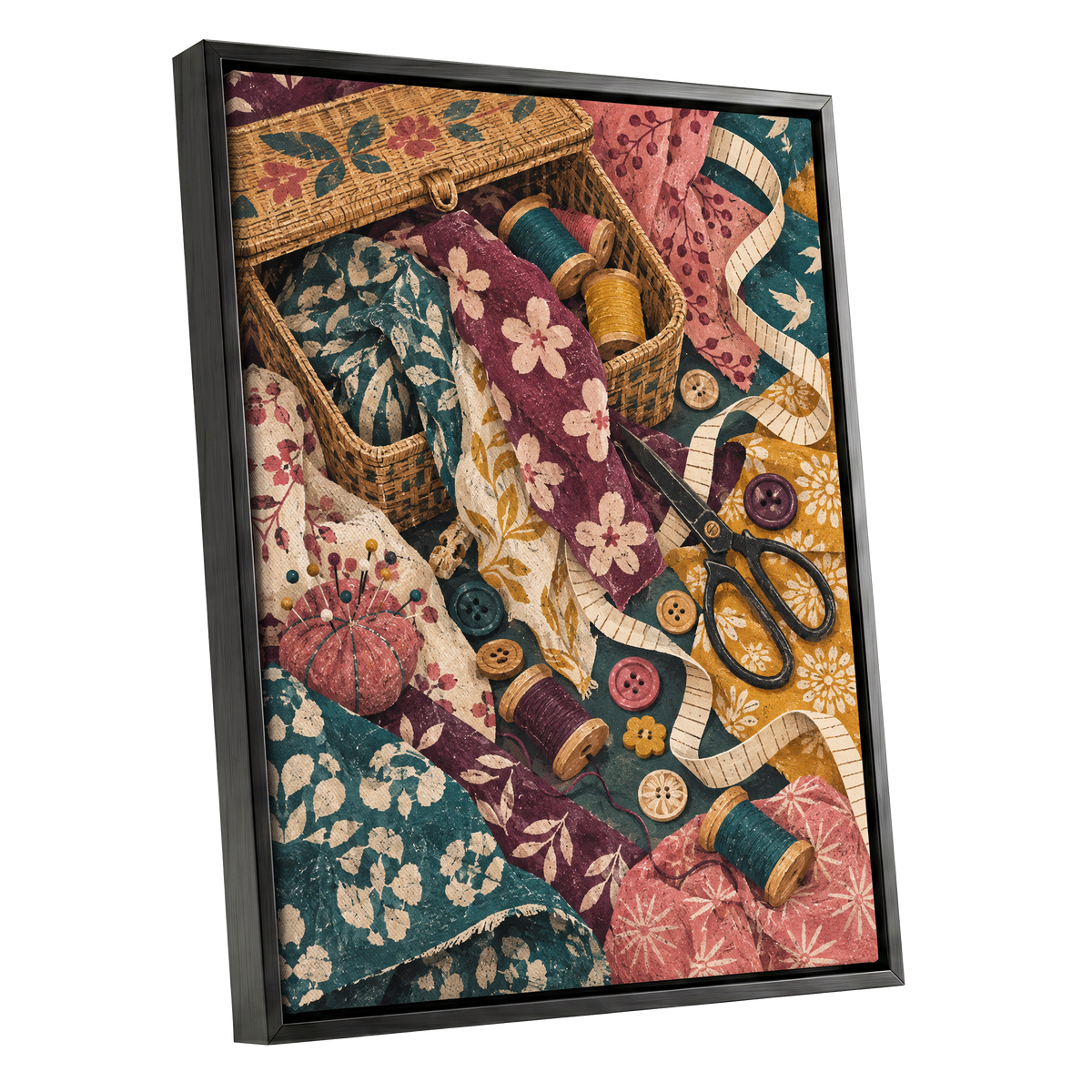 Stitches in Bloom, green, beige, pink abstract wall art shown as a black framed canvas wall art