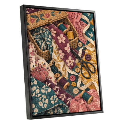 Stitches in Bloom, green, beige, pink abstract wall art shown as a black framed canvas wall art