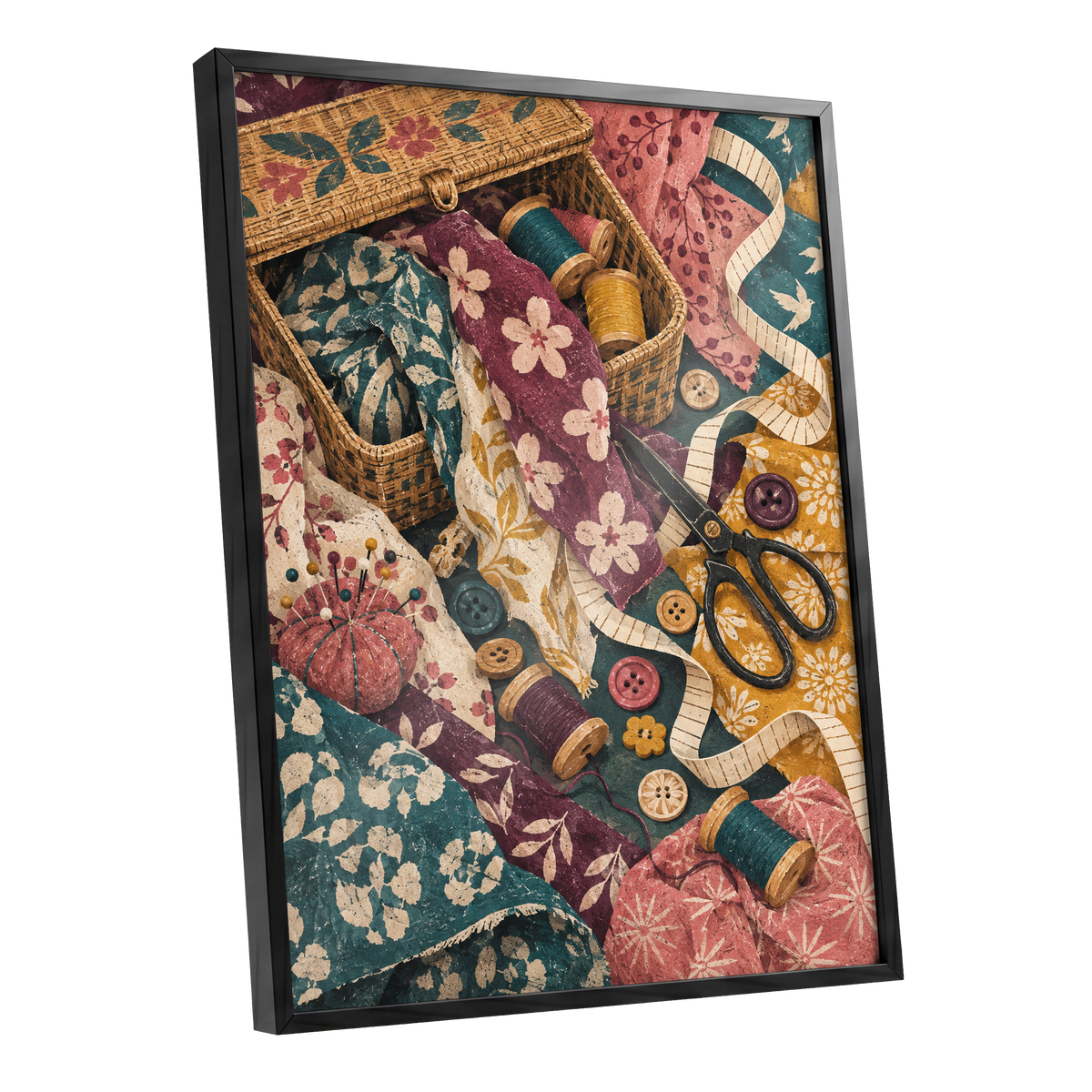Stitches in Bloom, green, beige, pink abstract wall art shown as a black framed poster wall art print