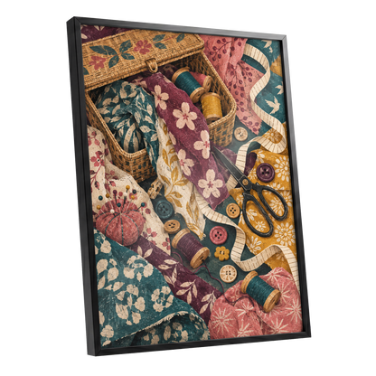 Stitches in Bloom, green, beige, pink abstract wall art shown as a black framed poster wall art print