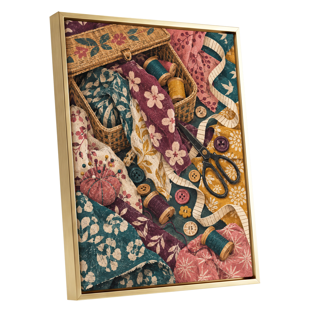 Stitches in Bloom, green, beige, pink abstract wall art shown as a gold framed canvas wall art