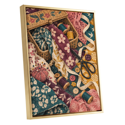Stitches in Bloom, green, beige, pink abstract wall art shown as a gold framed canvas wall art