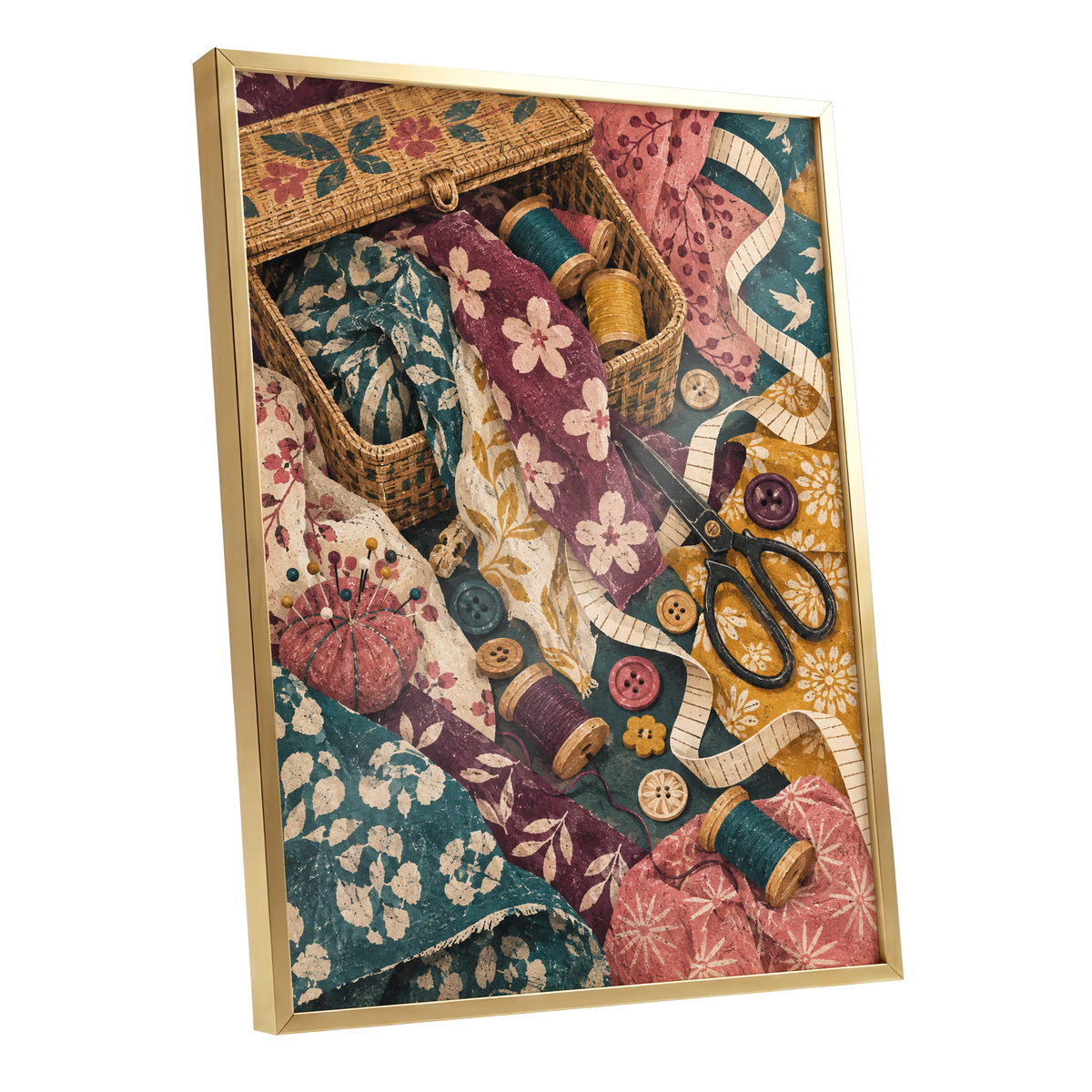 Stitches in Bloom, green, beige, pink abstract wall art shown as a gold framed poster wall art print
