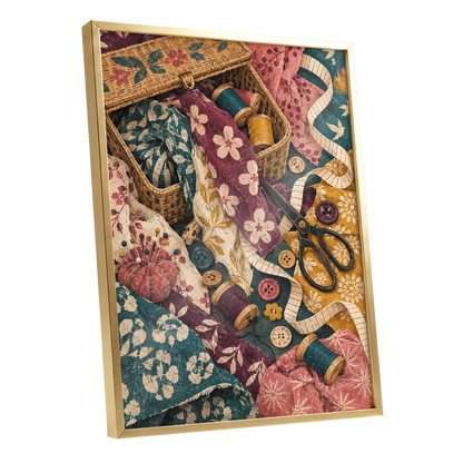 Stitches in Bloom, green, beige, pink abstract wall art shown as a gold framed poster wall art print