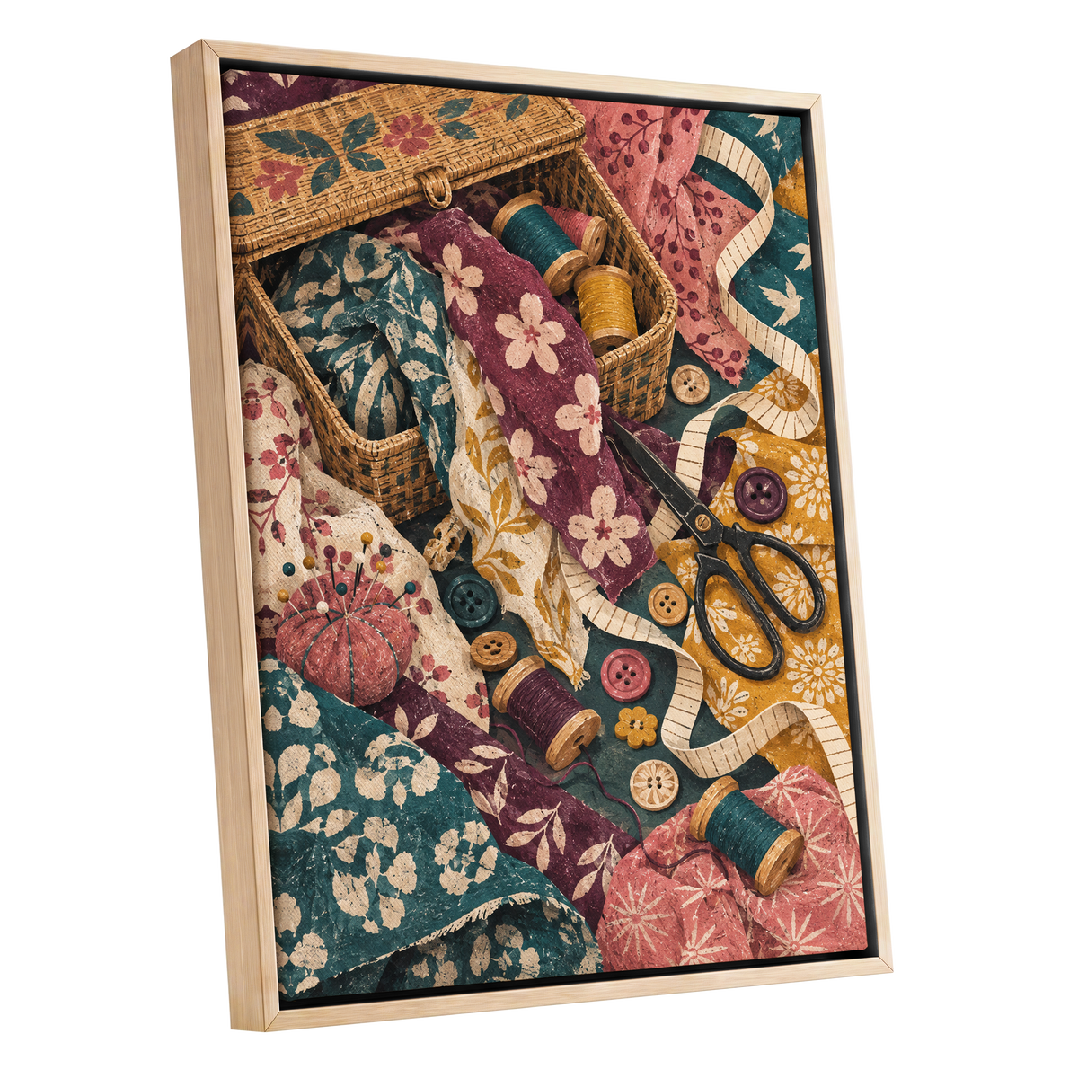 Stitches in Bloom, green, beige, pink abstract wall art shown as a oak framed canvas wall art
