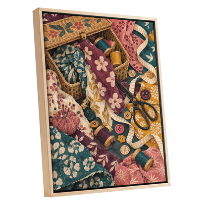 Stitches in Bloom, green, beige, pink abstract wall art shown as a oak framed canvas wall art