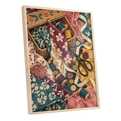 Stitches in Bloom, green, beige, pink abstract wall art shown as a oak framed poster wall art print