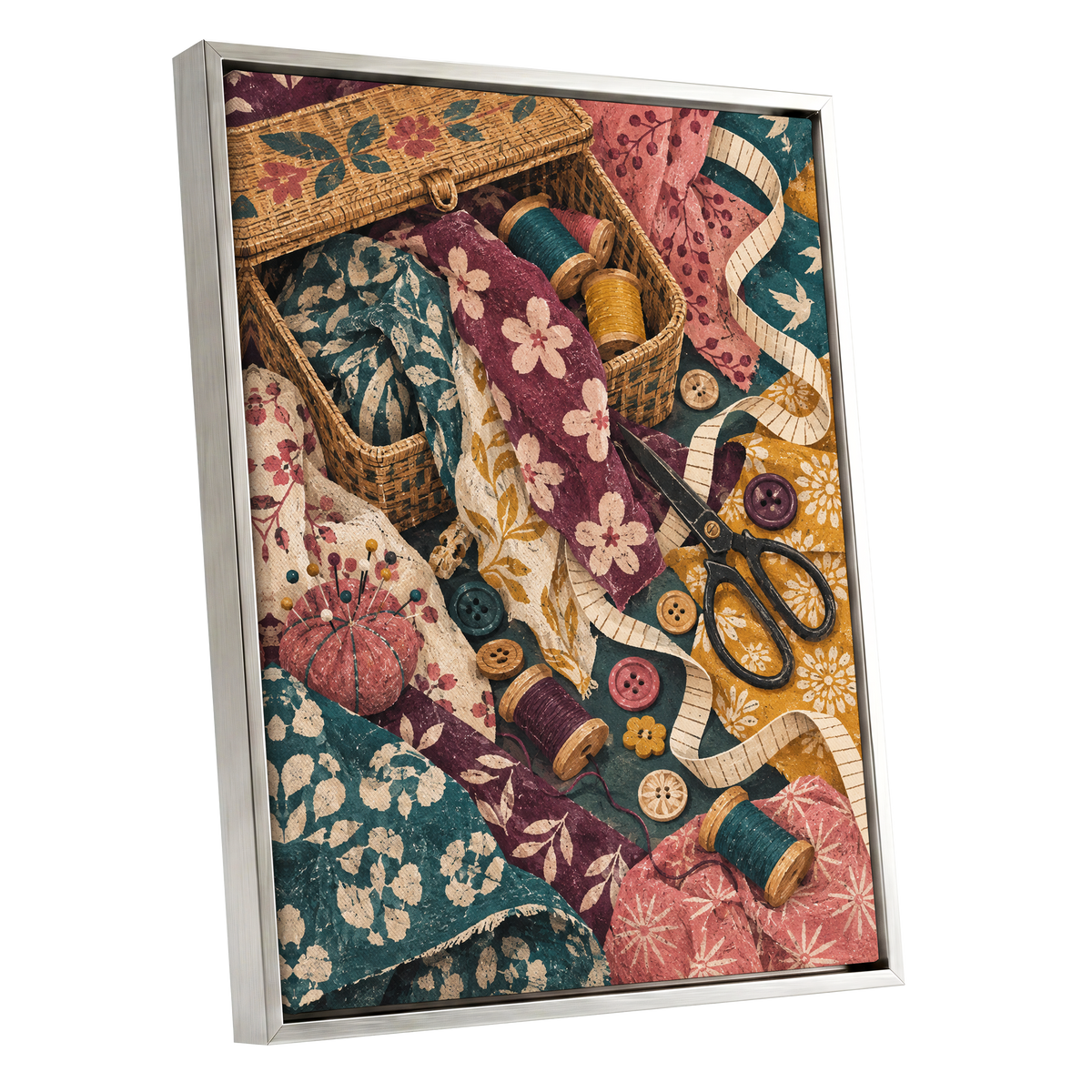 Stitches in Bloom, green, beige, pink abstract wall art shown as a silver framed canvas wall art