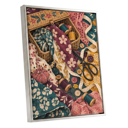 Stitches in Bloom, green, beige, pink abstract wall art shown as a silver framed canvas wall art