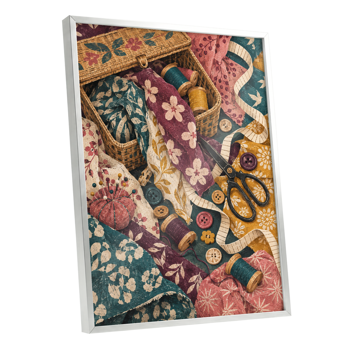Stitches in Bloom, green, beige, pink abstract wall art shown as a silver framed poster wall art print
