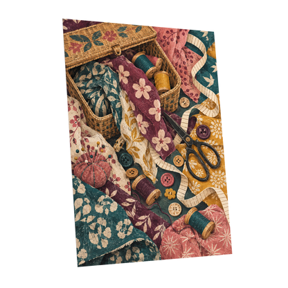 Stitches in Bloom, green, beige, pink abstract wall art shown as a unframed poster wall art print
