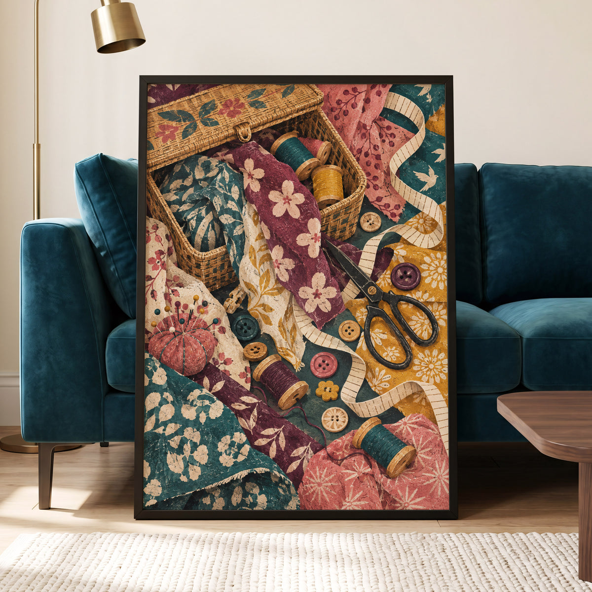 Stitches in Bloom, green, beige, pink abstract wall art displayed in a styled interior, gallery view 2