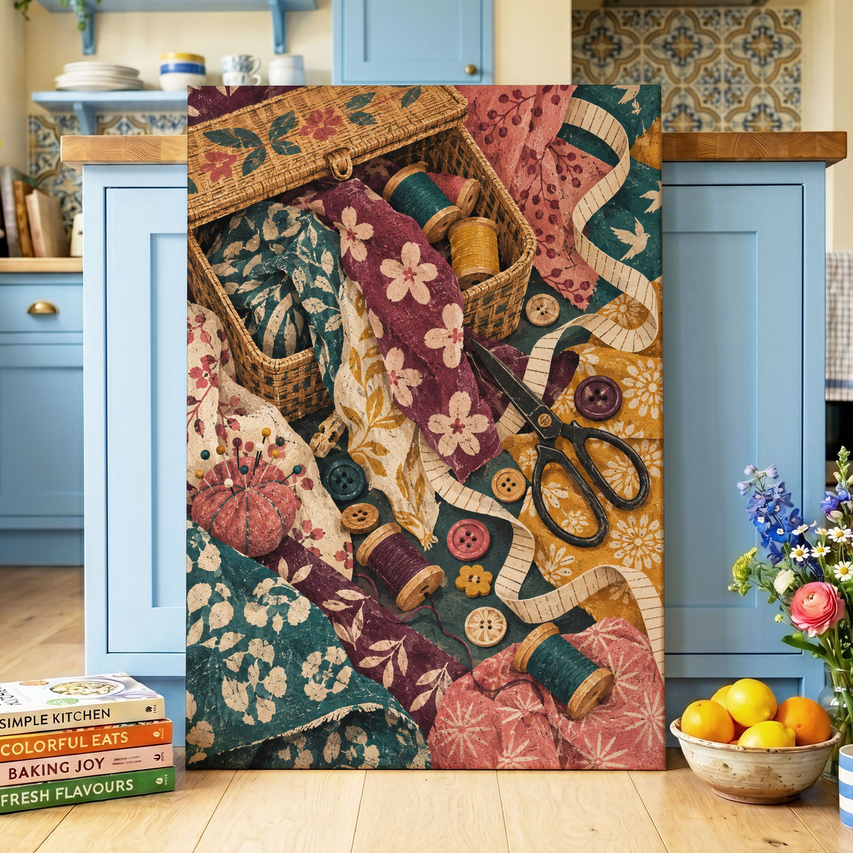 Stitches in Bloom, green, beige, pink abstract wall art displayed in a styled interior, gallery view 3