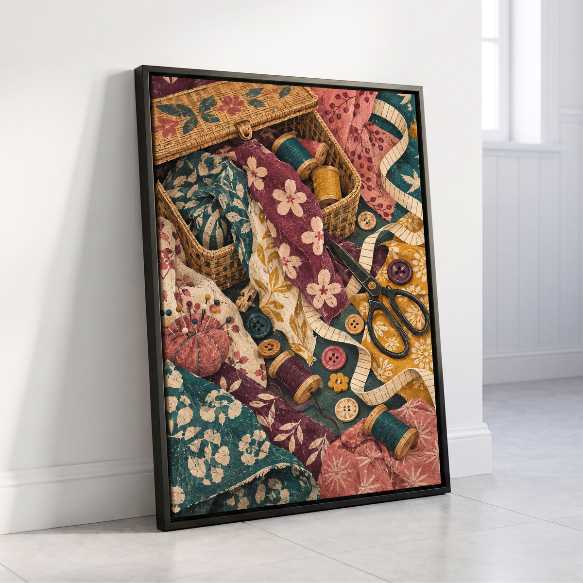 Stitches in Bloom, green, beige, pink abstract wall art displayed in a styled interior, gallery view 4