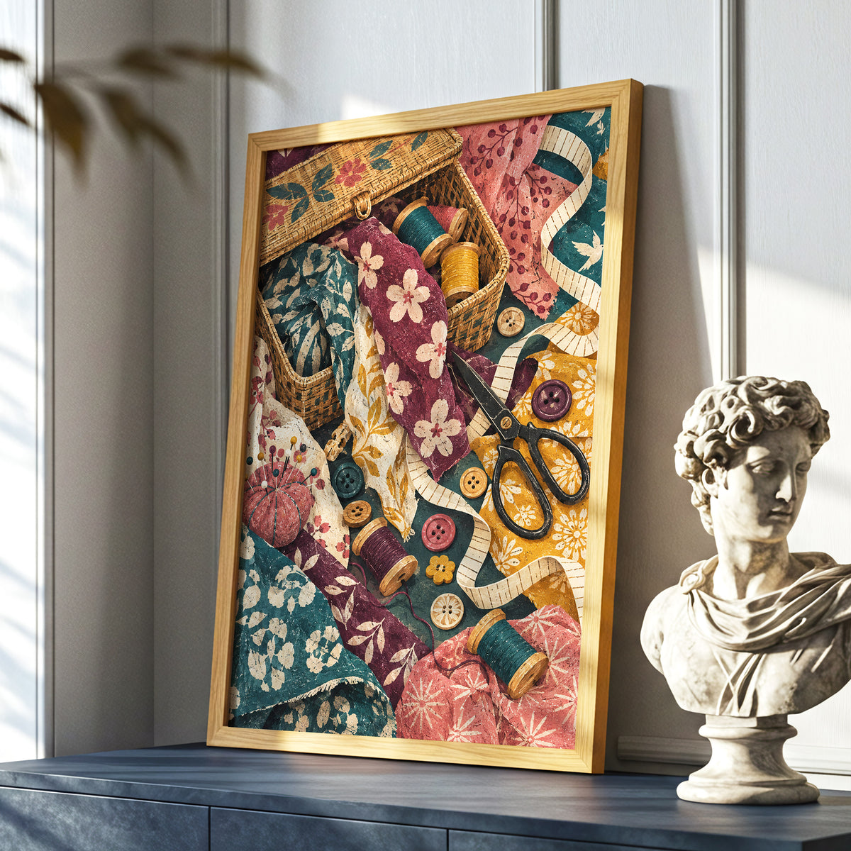 Stitches in Bloom, green, beige, pink abstract wall art displayed in a styled interior, gallery view 6
