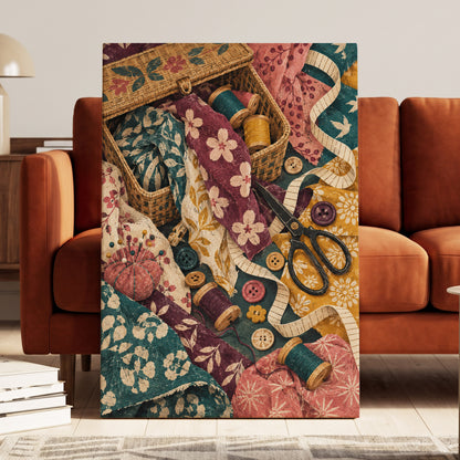 Stitches in Bloom, green, beige, pink abstract wall art displayed in a styled interior, gallery view 7