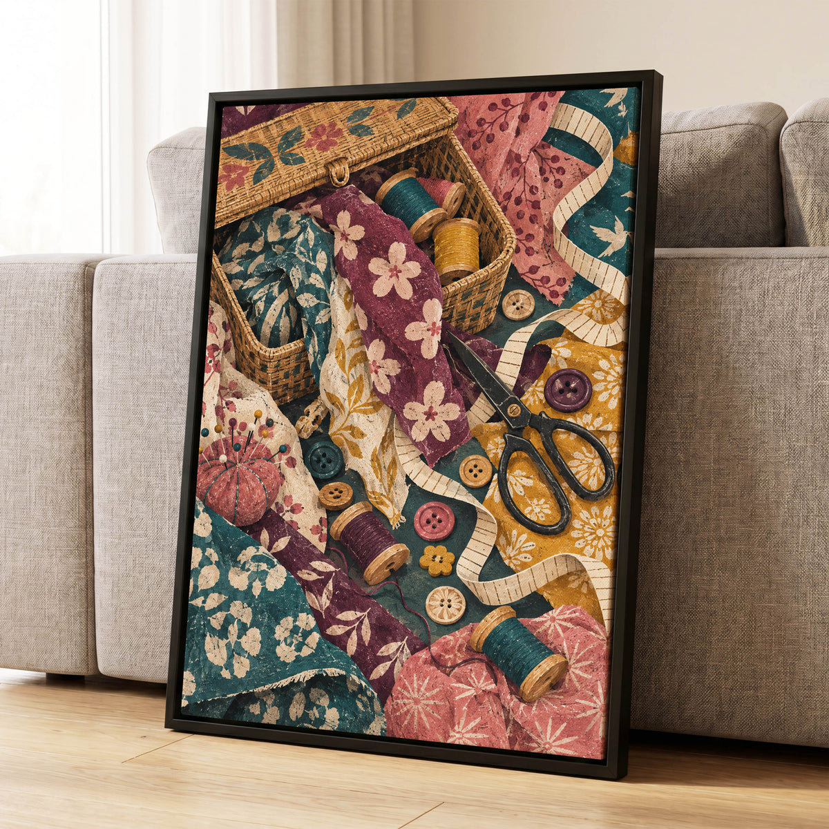 Stitches in Bloom, green, beige, pink abstract wall art displayed in a styled interior, gallery view 8