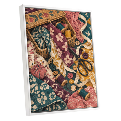 Stitches in Bloom, green, beige, pink abstract wall art shown as a white framed canvas wall art