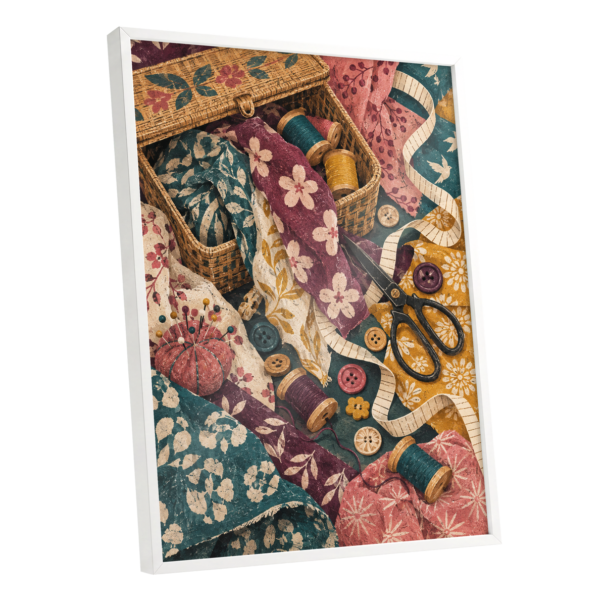 Stitches in Bloom, green, beige, pink abstract wall art shown as a white framed poster wall art print