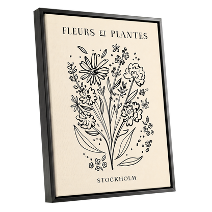 Stockholm in Bloom, black, beige, white floral wall art shown as a black framed canvas wall art