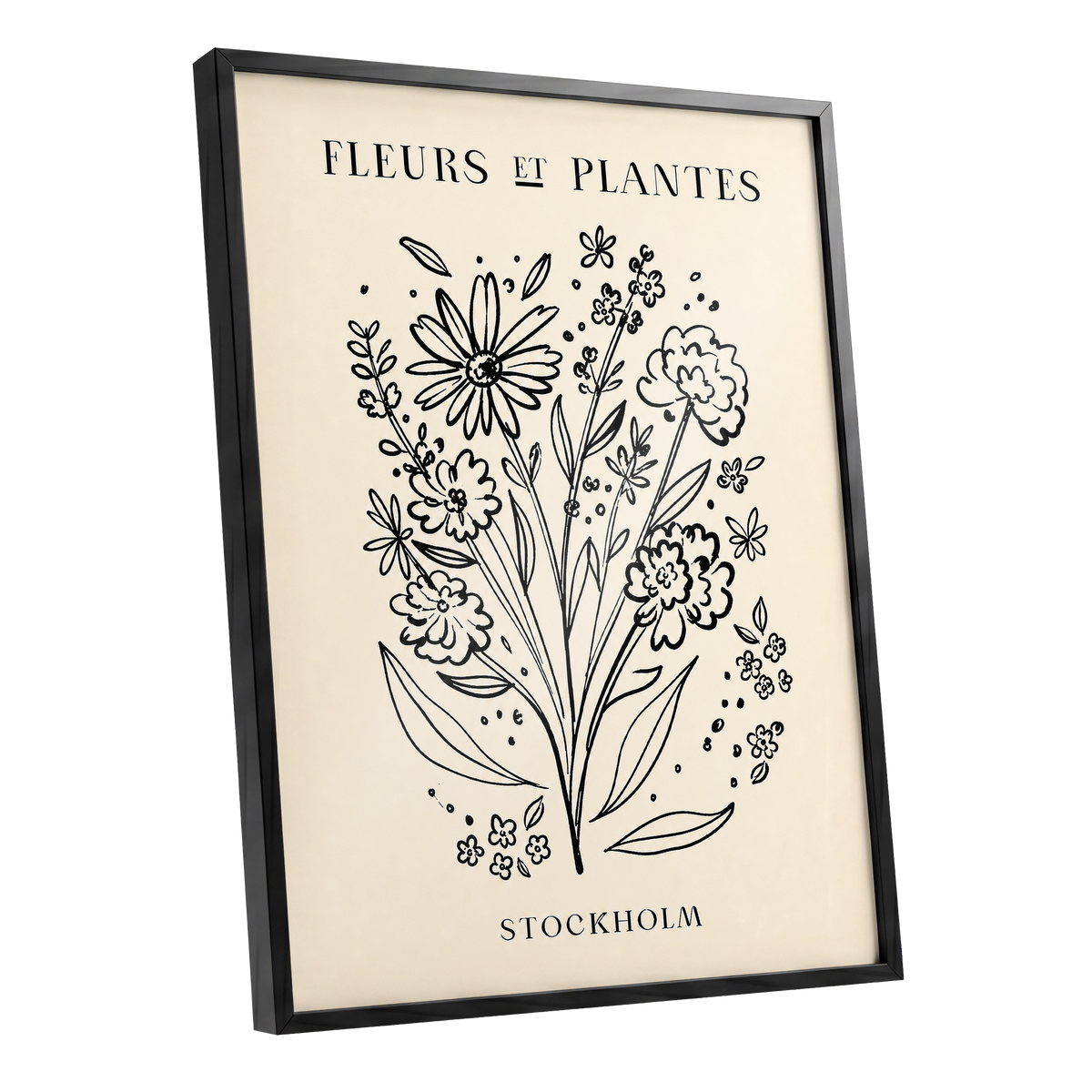 Stockholm in Bloom, black, beige, white floral wall art shown as a black framed poster wall art print
