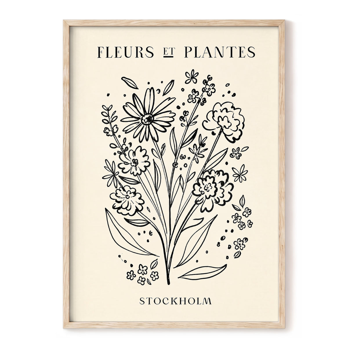 Stockholm in Bloom, black, beige, white floral wall art, front artwork view