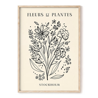 Stockholm in Bloom, black, beige, white floral wall art, front artwork view