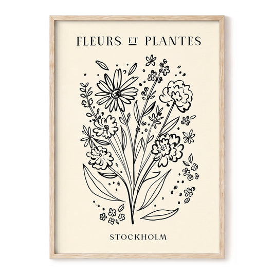 Stockholm in Bloom, black, beige, white floral wall art, front artwork view