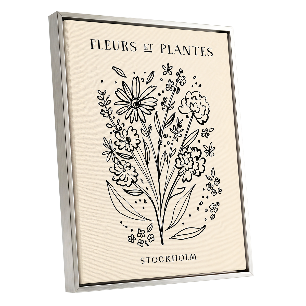 Stockholm in Bloom, black, beige, white floral wall art shown as a silver framed canvas wall art