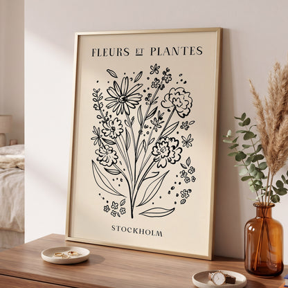 Stockholm in Bloom, black, beige, white floral wall art displayed in a styled interior, gallery view 2