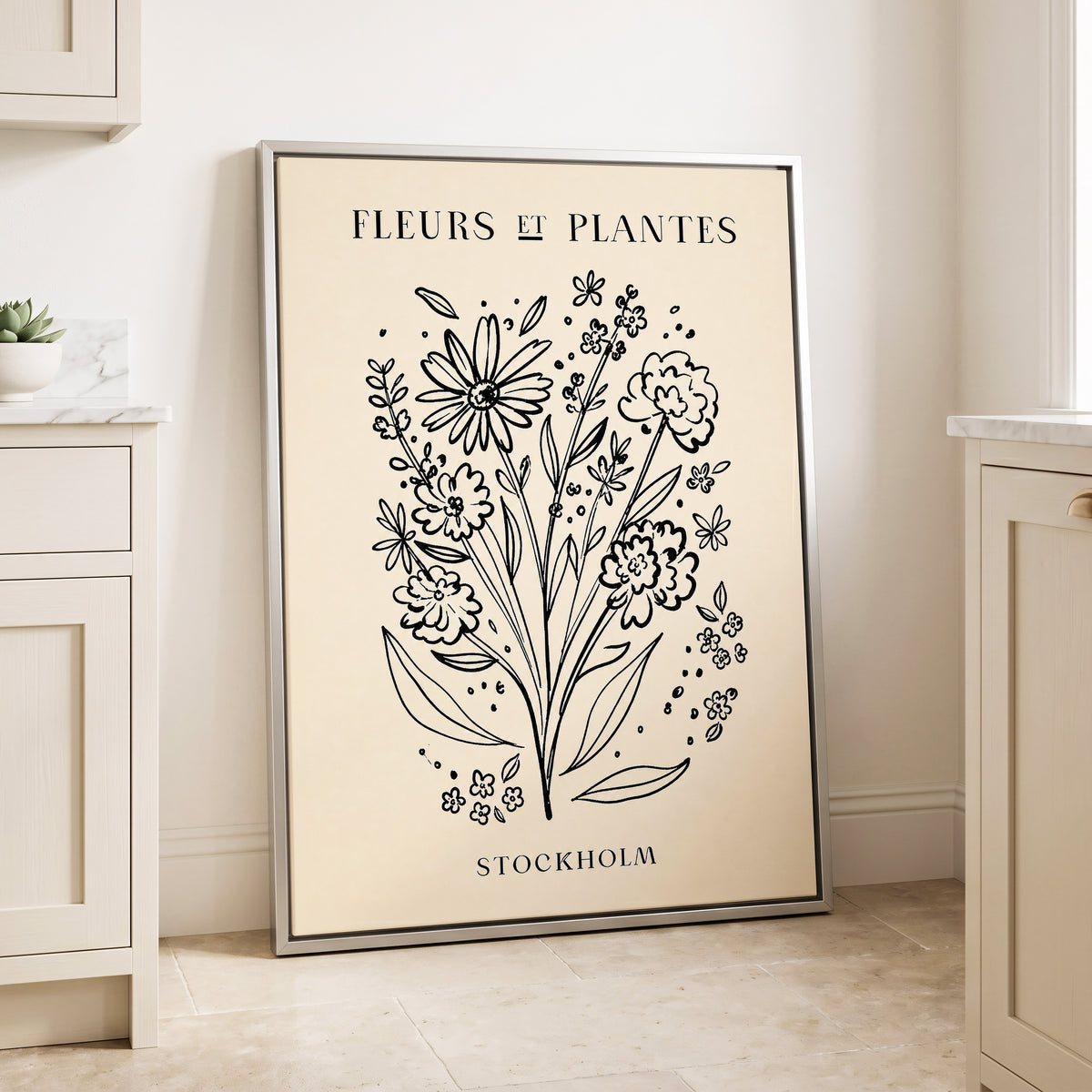 Stockholm in Bloom, black, beige, white floral wall art displayed in a styled interior, gallery view 4
