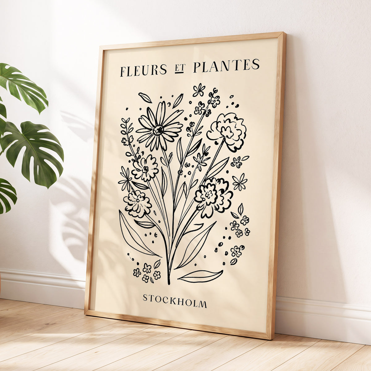 Stockholm in Bloom, black, beige, white floral wall art displayed in a styled interior, gallery view 6