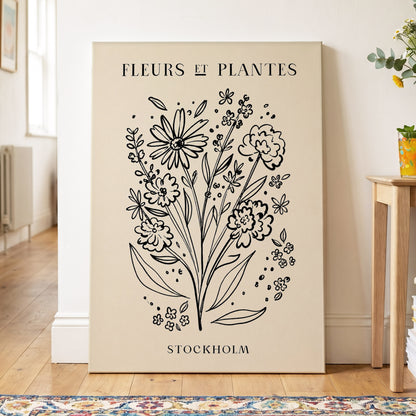 Stockholm in Bloom, black, beige, white floral wall art displayed in a styled interior, gallery view 7