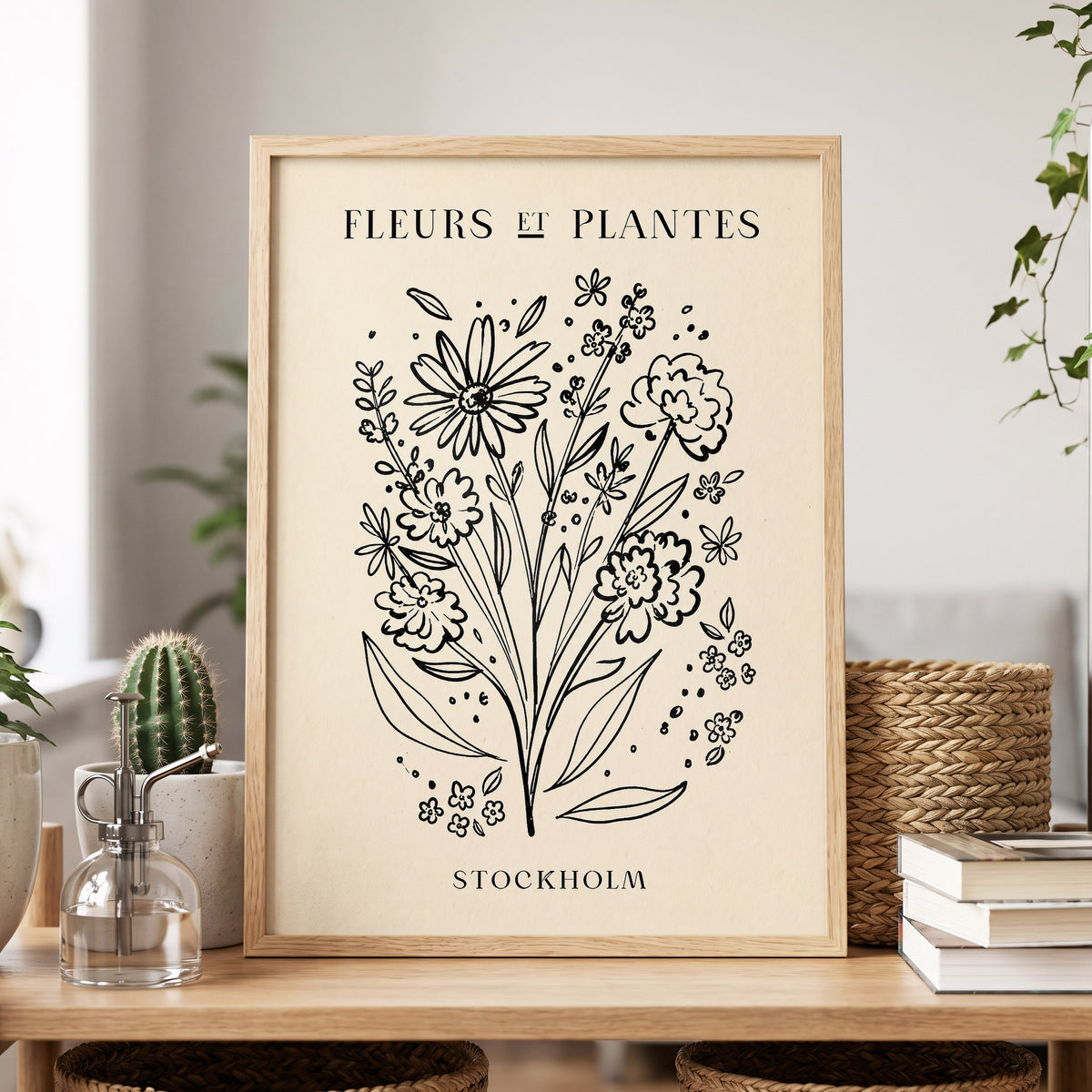 Stockholm in Bloom, black, beige, white floral wall art displayed in a styled interior, gallery view 9