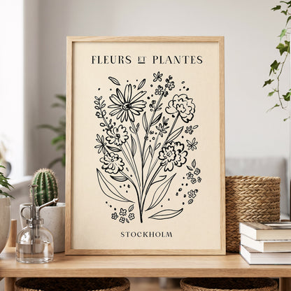 Stockholm in Bloom, black, beige, white floral wall art displayed in a styled interior, gallery view 9