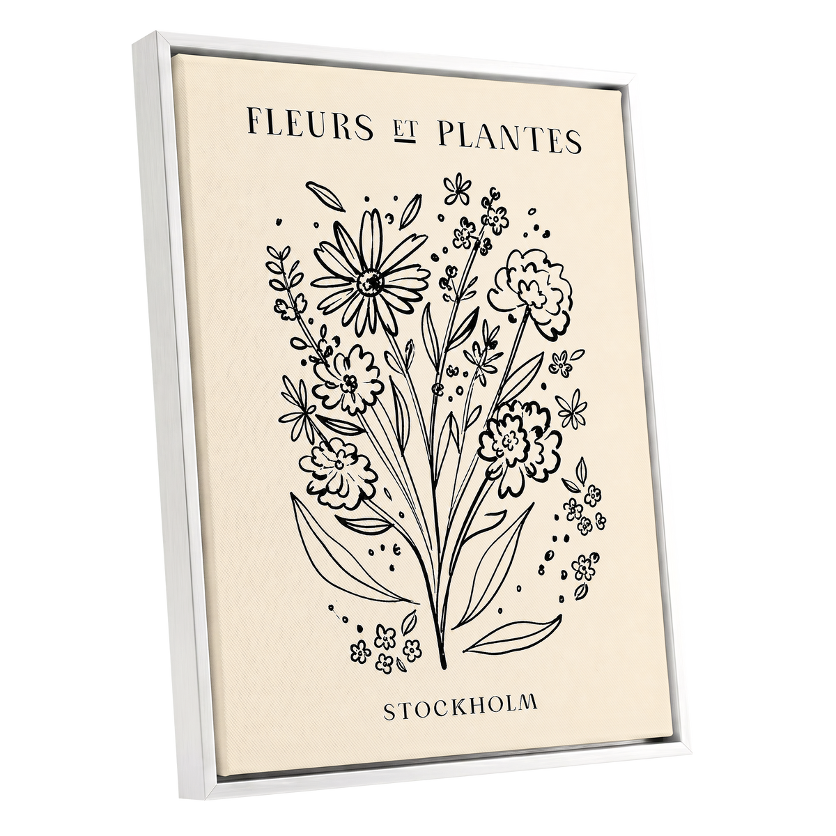 Stockholm in Bloom, black, beige, white floral wall art shown as a white framed canvas wall art