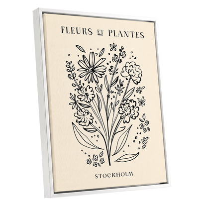 Stockholm in Bloom, black, beige, white floral wall art shown as a white framed canvas wall art