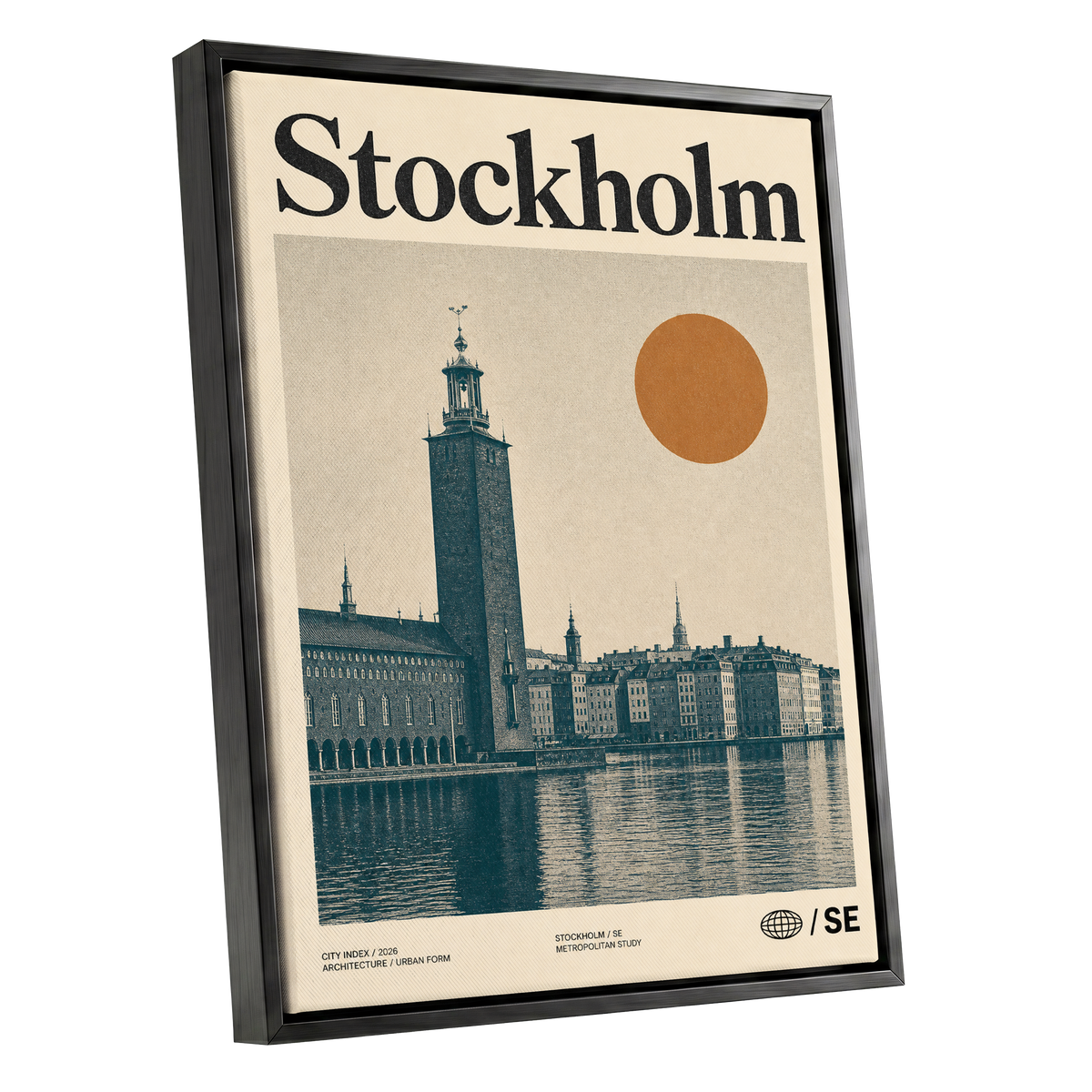 Stockholm Ochre Skyline, beige, blue, orange minimalist wall art shown as a black framed canvas wall art