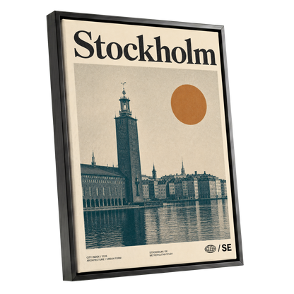 Stockholm Ochre Skyline, beige, blue, orange minimalist wall art shown as a black framed canvas wall art